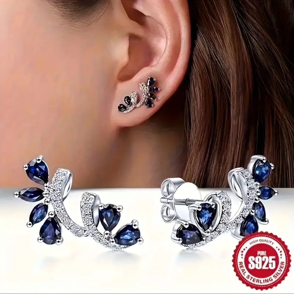 Elegant Silver and Blue Floral Pierced Earrings